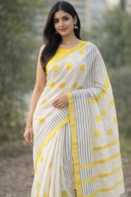 Geometric Hand Block Printed Saree Banana Silk
