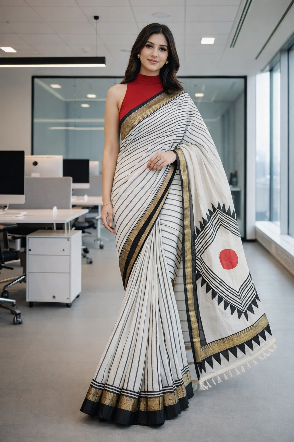 Geometric Hand Block Printed Saree Maheshwari Silk