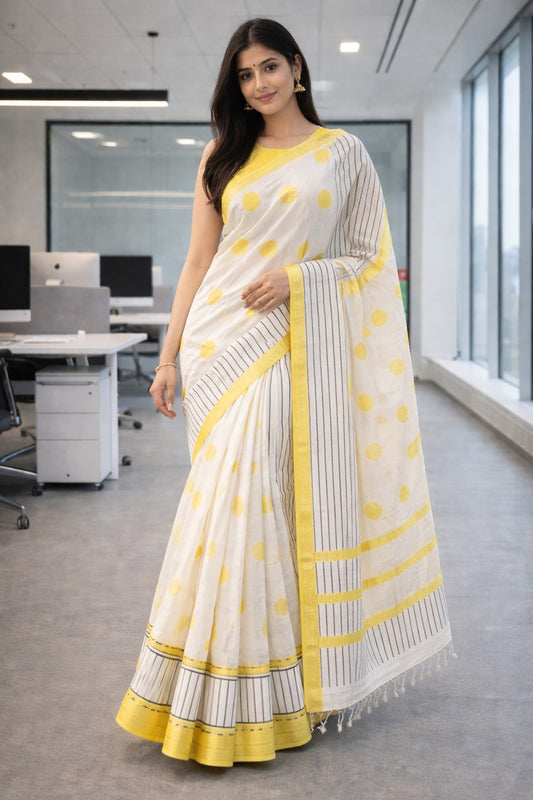 Geometric Hand Block Printed Saree Banana Silk