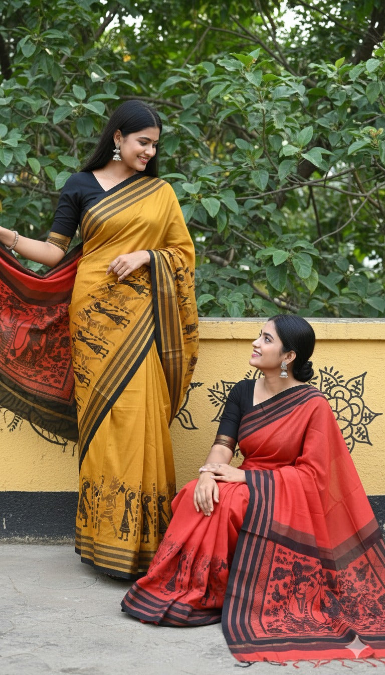 Geometric Hand Block Printed Saree Maheshwari Silk