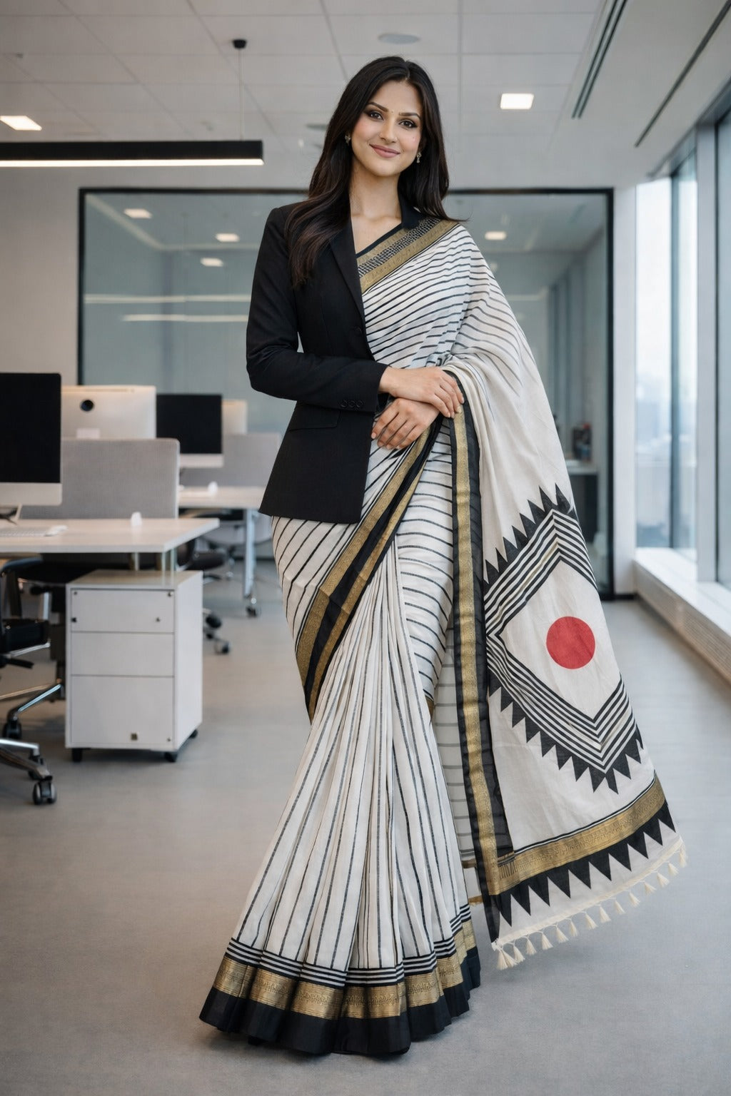 Geometric Hand Block Printed Saree Maheshwari Silk